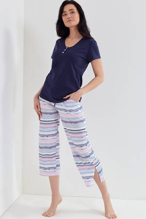 Damen-Baumwollpyjama Cana 116 marineblau gestreift